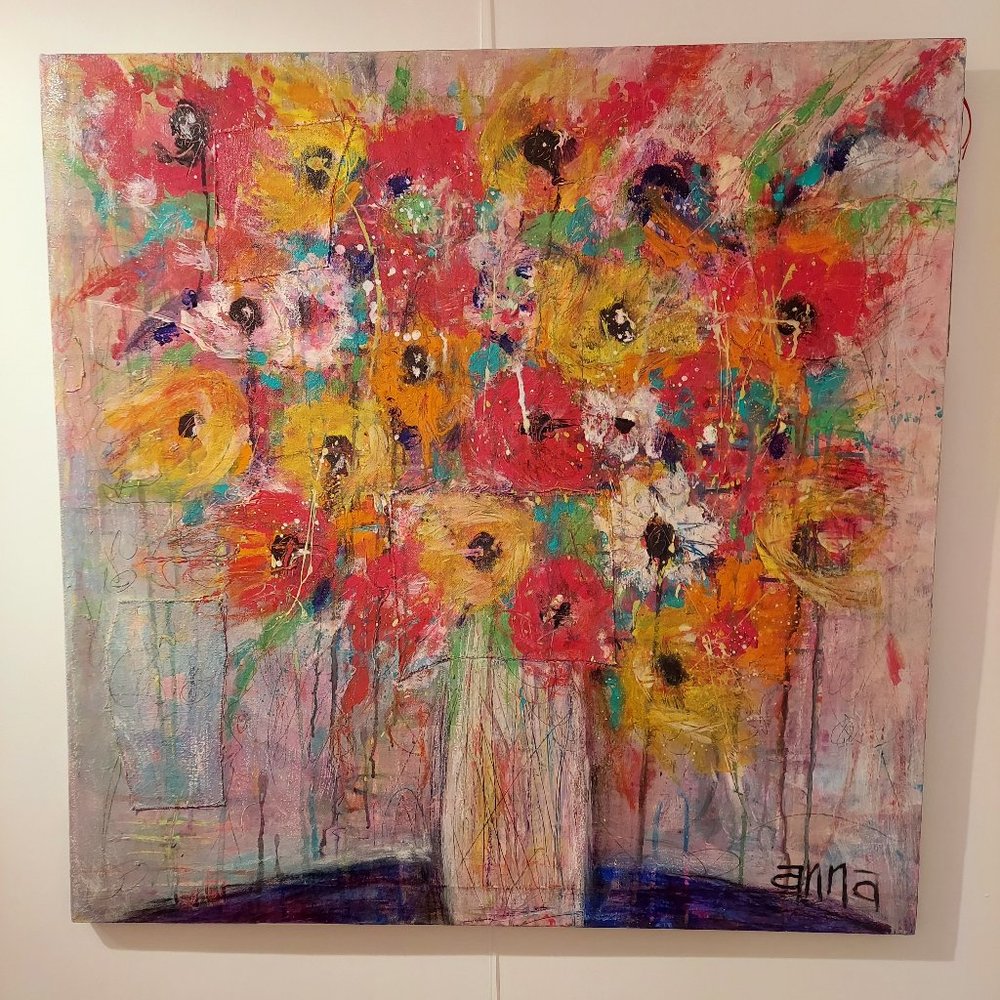 Pre-Covid 2018 Flowers #1 - 30" X 30" X1" -  Mixed Media On Canvas by Anna